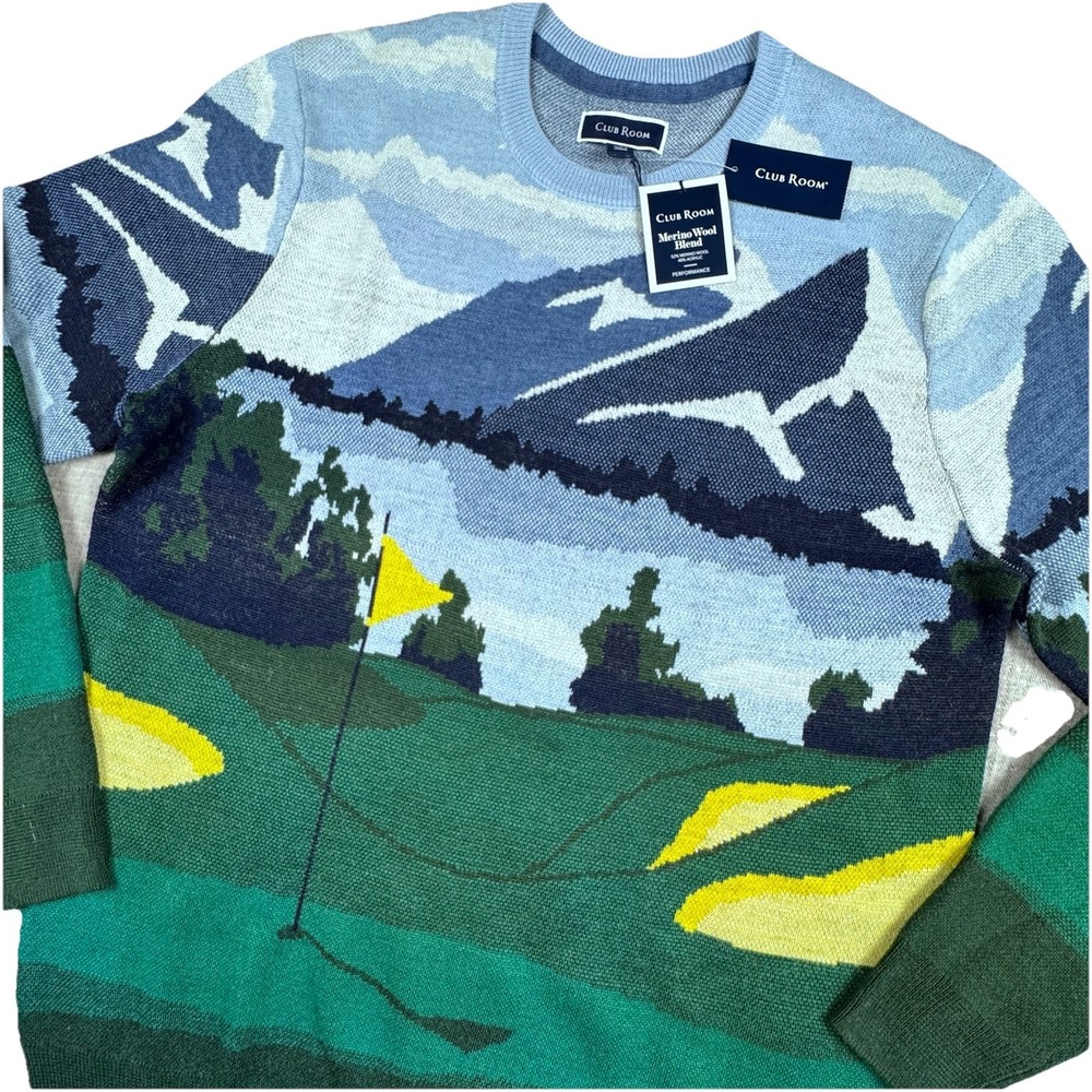 NWT Club Room Merino Wool Blend Sweater Men M AOP Golf Pull-Over Long Sleeve